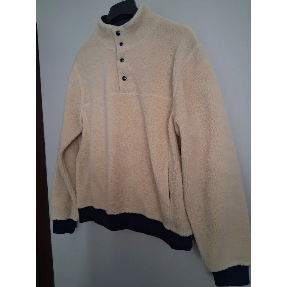 J.Crew Authentic Fleece Sherpa Pullover Cream Navy Blue Snap Mock Neck Mens L